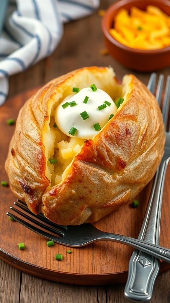 A jumbo baked potato topped with sour cream and chives on a wooden table.